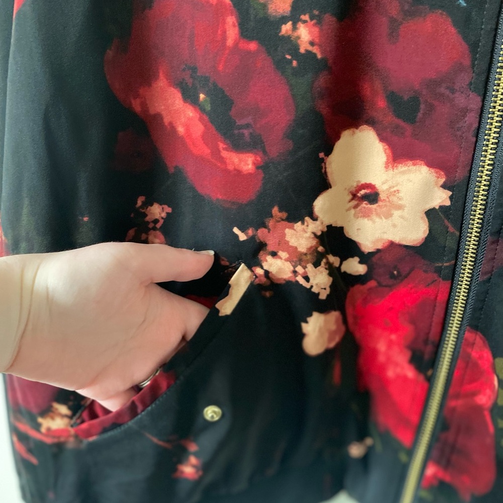Susan Graver Black and Red Floral Bomber Jacket - Picture 6 of 8